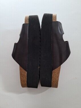Sixtyseven Women's Brown Black Leather Cork Platform Slide Sandals